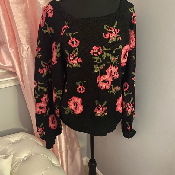 Cato Sweaters - Cato XL black with pink floral design, square neck sweater. NWT